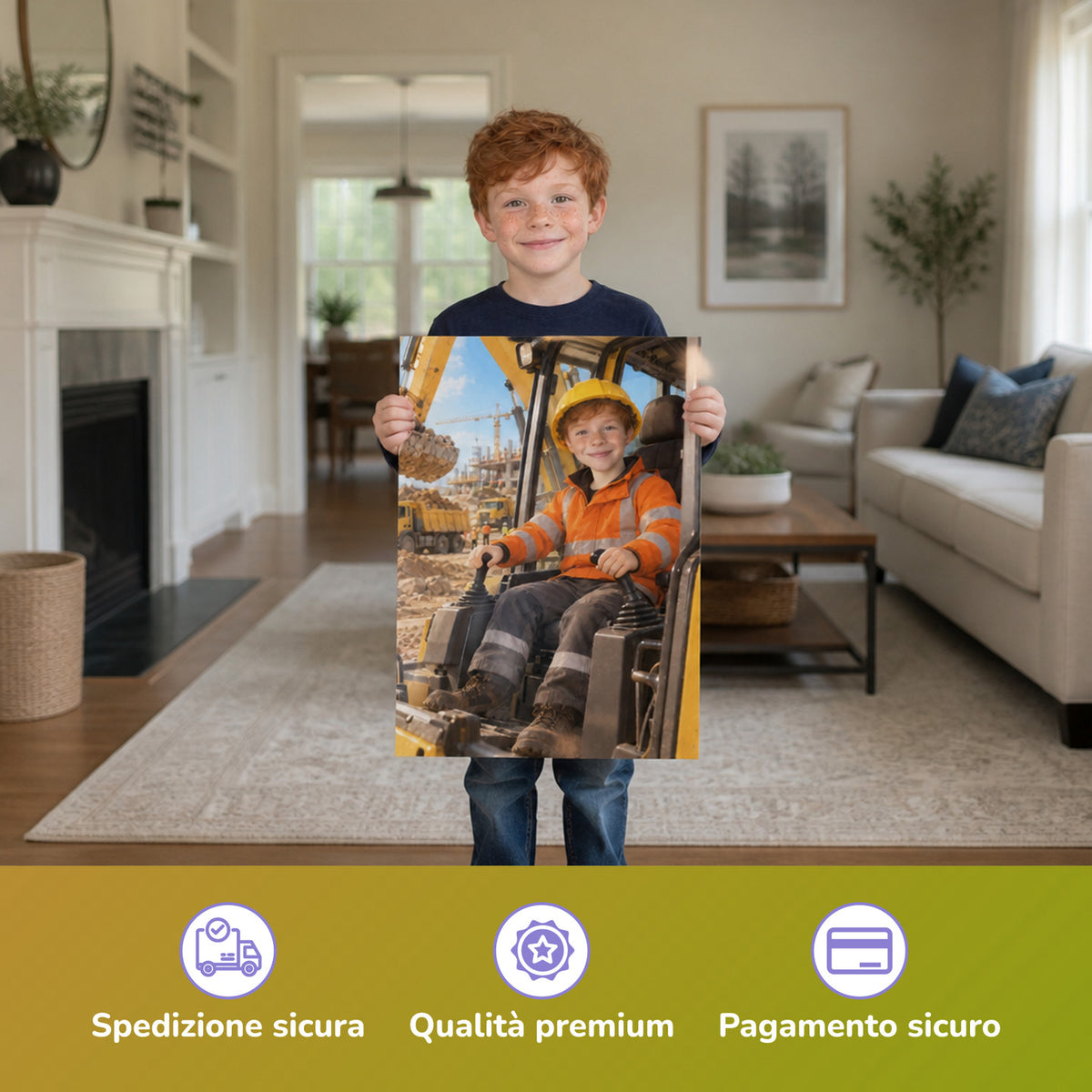 Der Baggerfahrer – Junge hält das gedruckte Poster