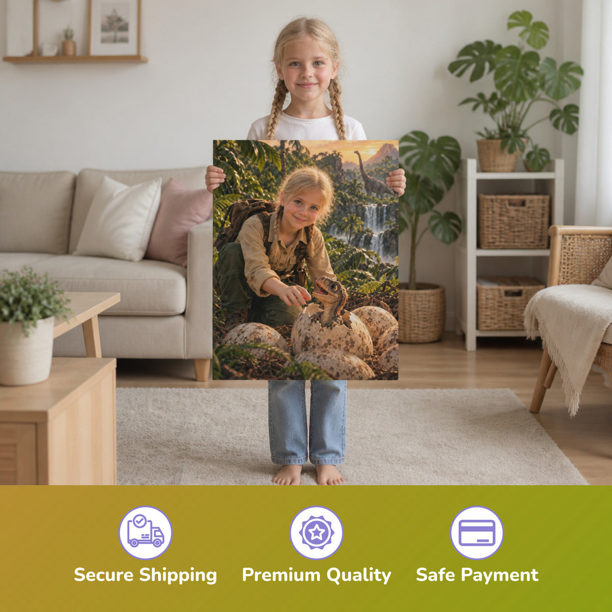 Dino-Baby schlüpft aus dem Ei – Mädchen hält das gedruckte Poster
