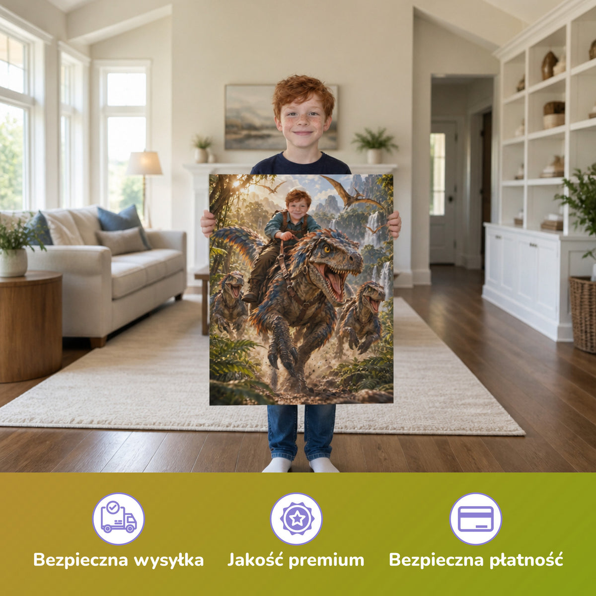 Ritt auf dem Raptor – Junge hält das gedruckte Poster