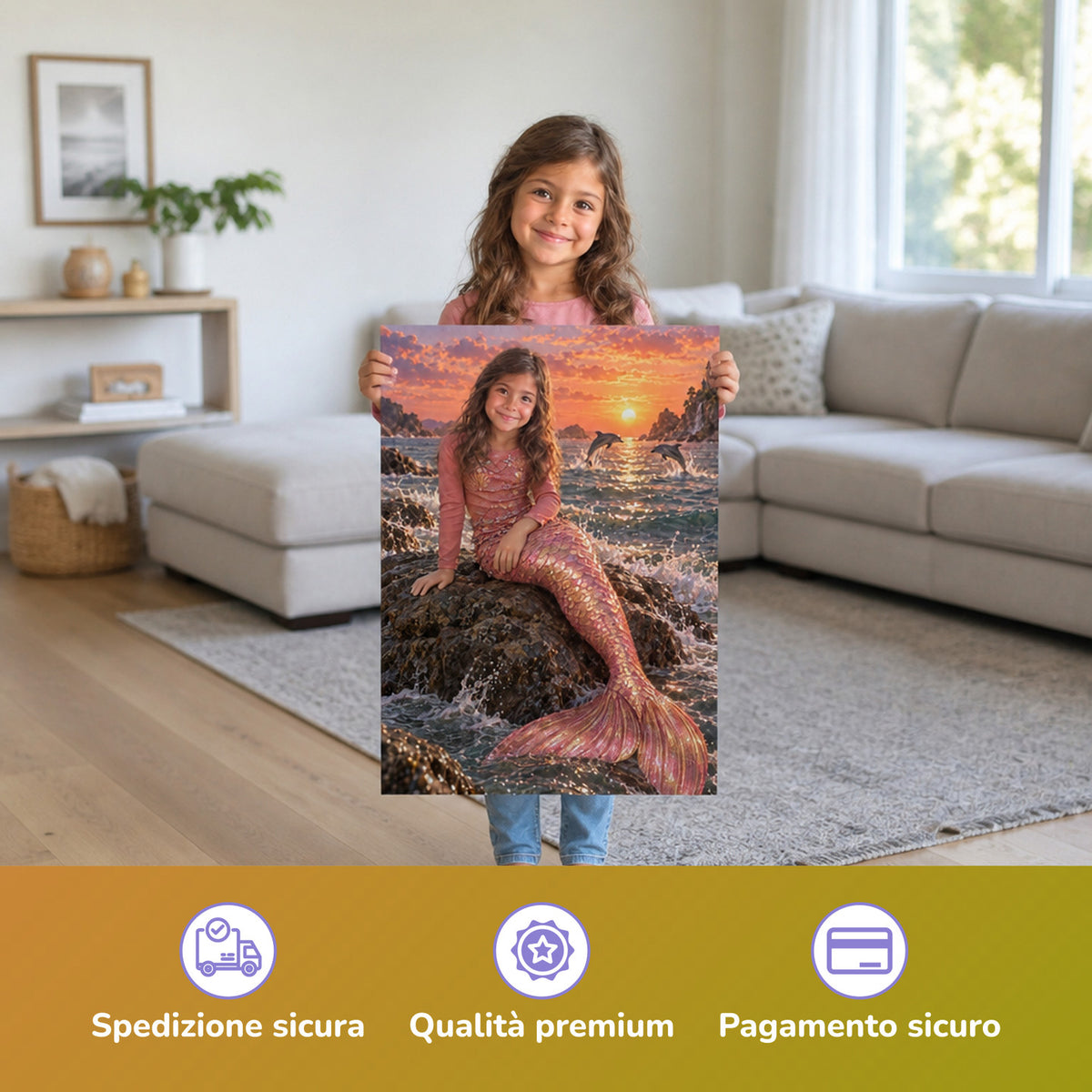 Meerjungfrau in der Abendsonne – Mädchen hält das gedruckte Poster
