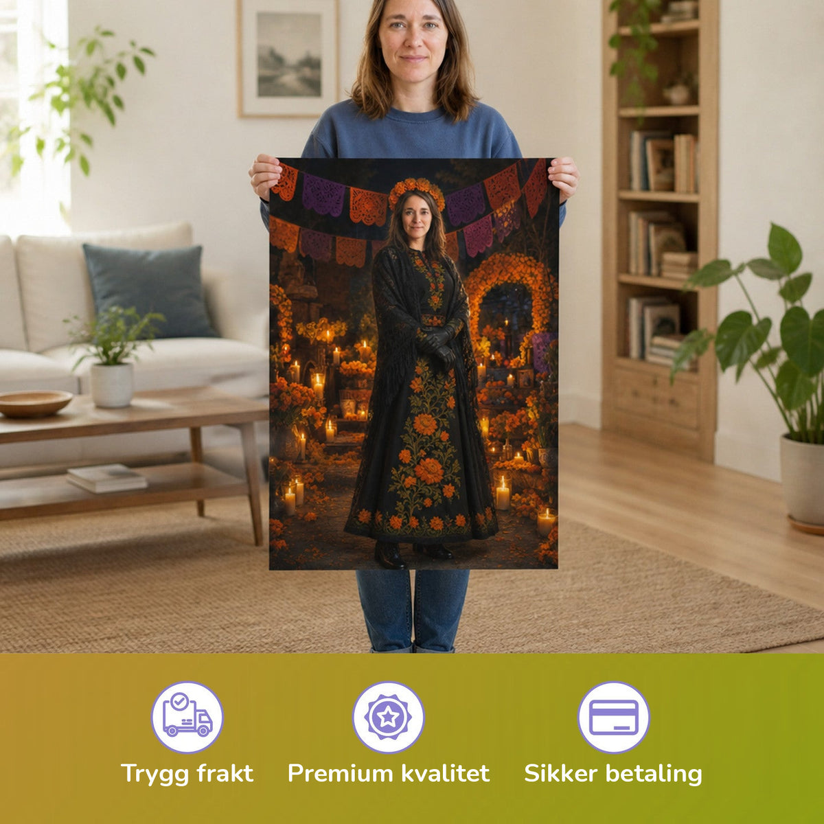 – Frau hält das gedruckte Poster