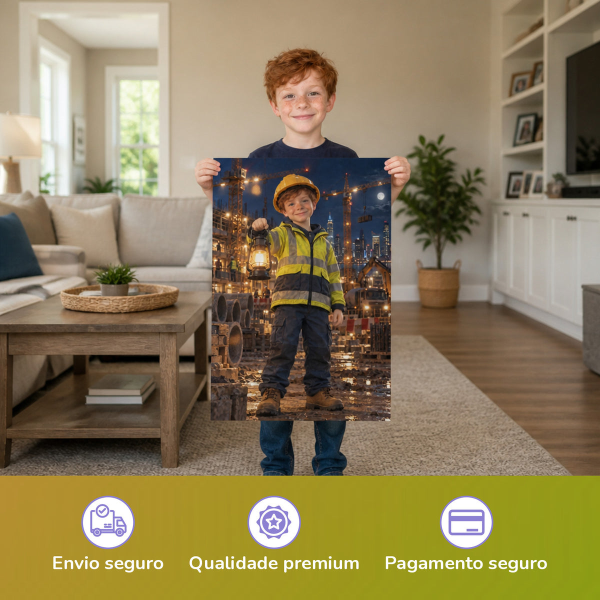 Baustelle bei Nacht – Junge hält das gedruckte Poster