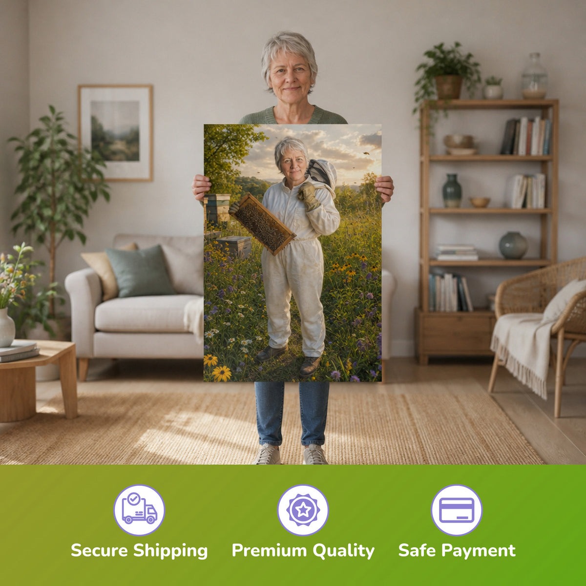 – Frau hält das gedruckte Poster
