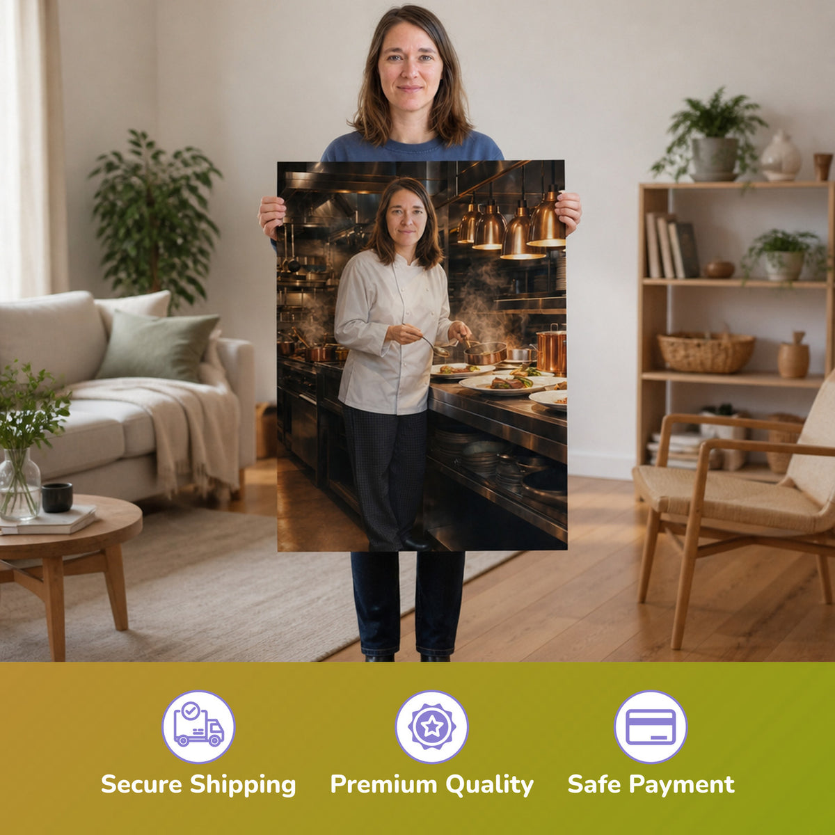 – Frau hält das gedruckte Poster