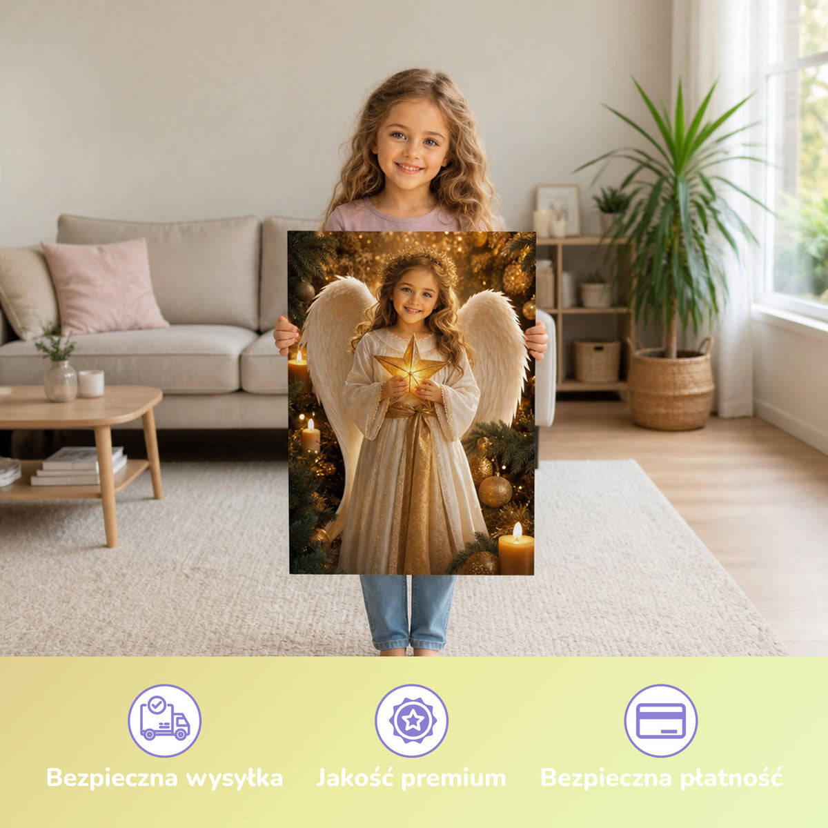 Der Weihnachtsengel – Mädchen hält das gedruckte Poster