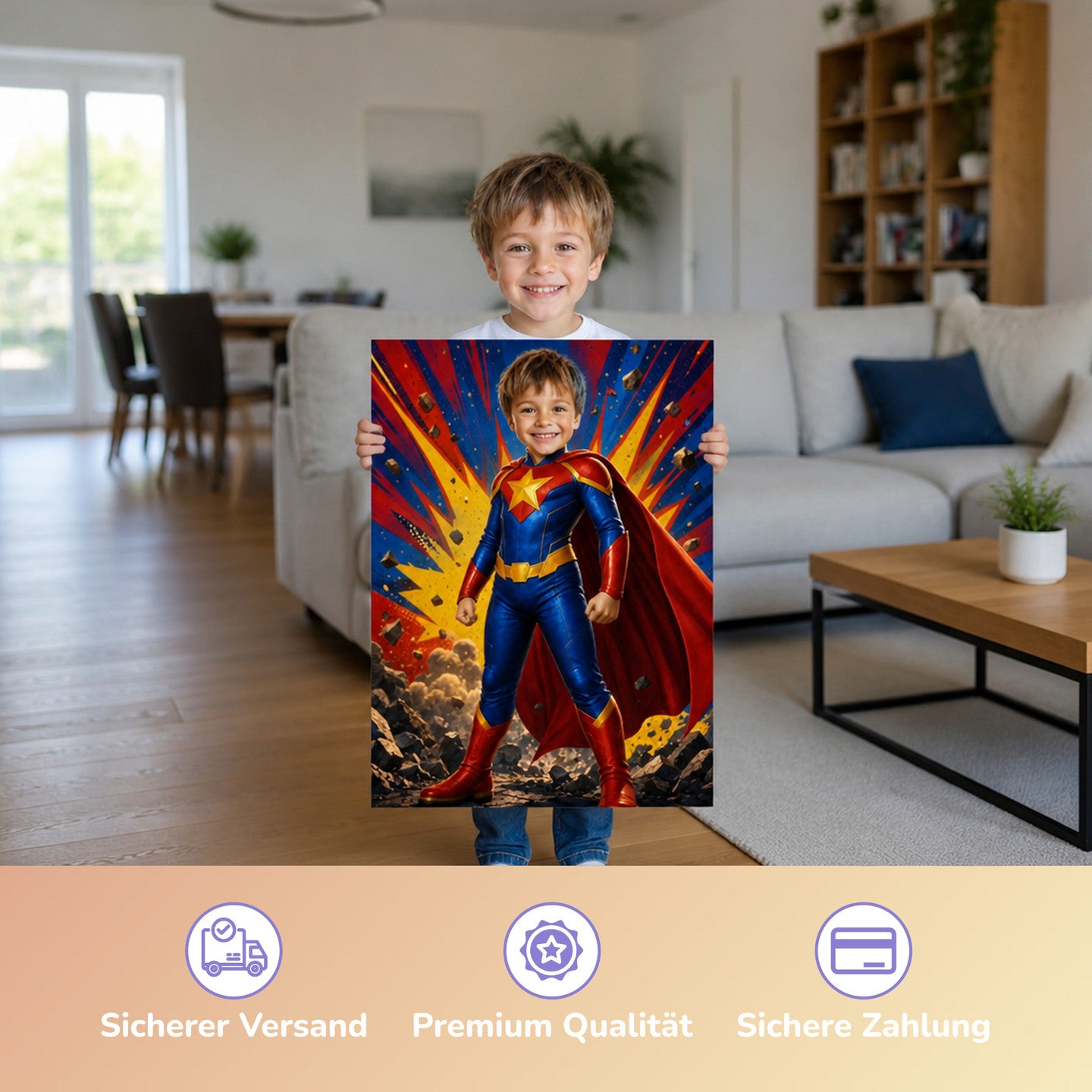 Comic-Superheld | Special-Edition "3D-Animation" – Junge hält das gedruckte Poster