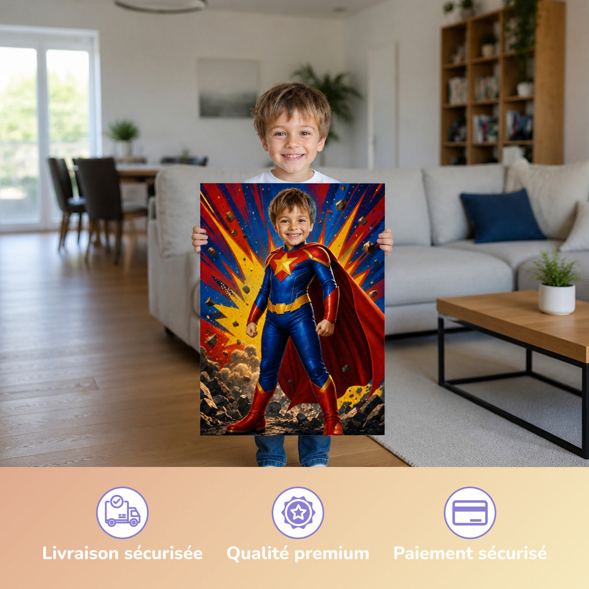 Comic-Superheld | Special-Edition "3D-Animation" – Junge hält das gedruckte Poster