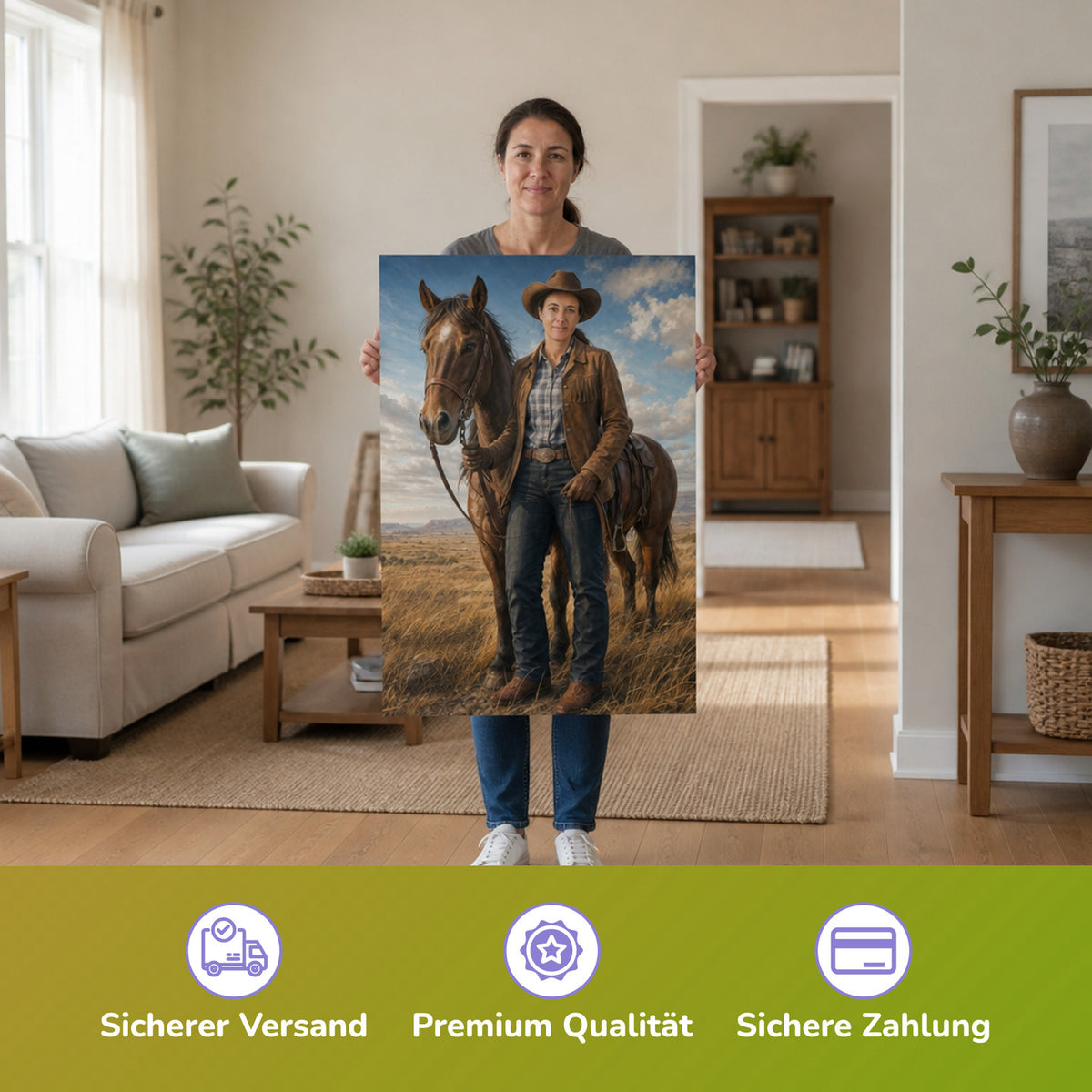 – Frau hält das gedruckte Poster