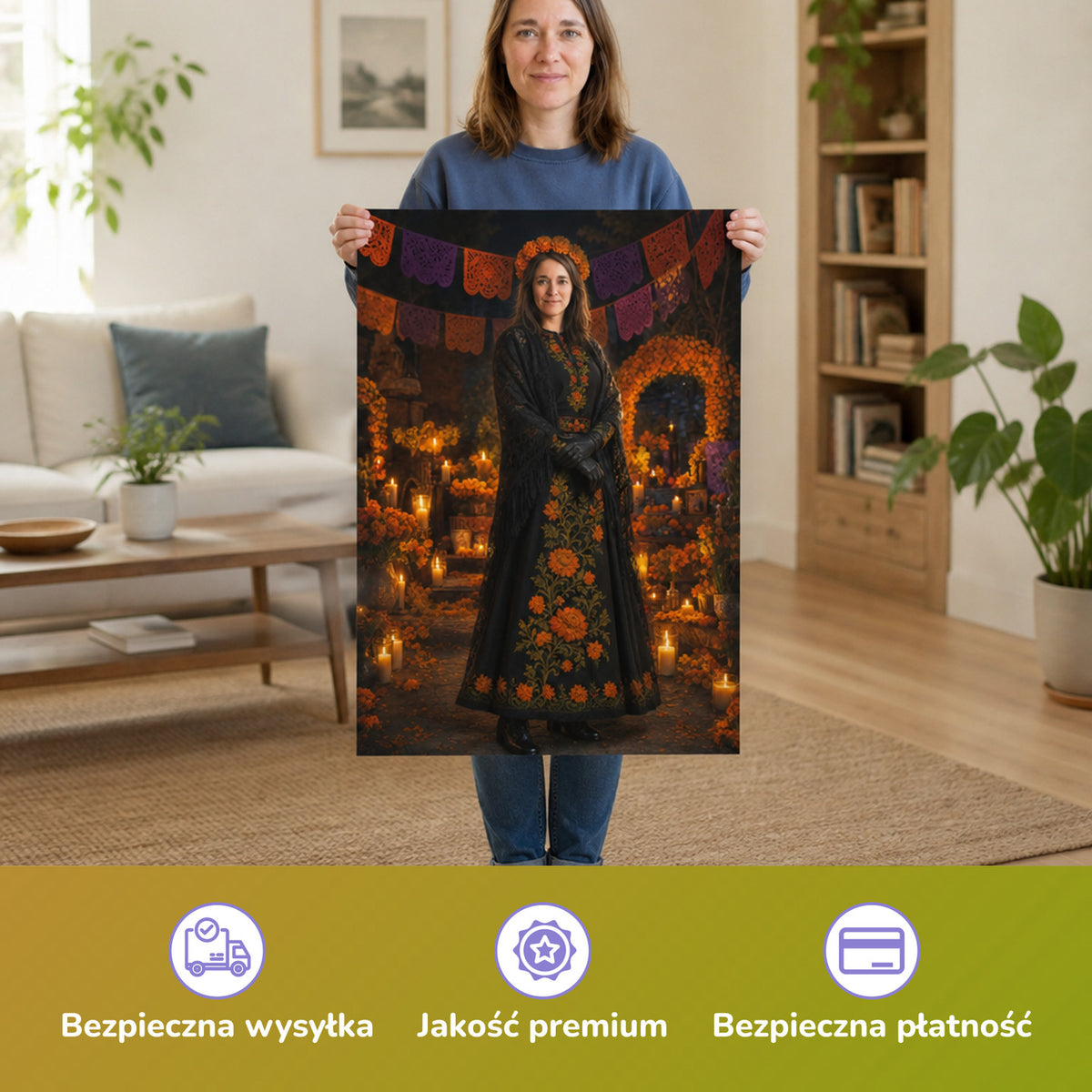– Frau hält das gedruckte Poster