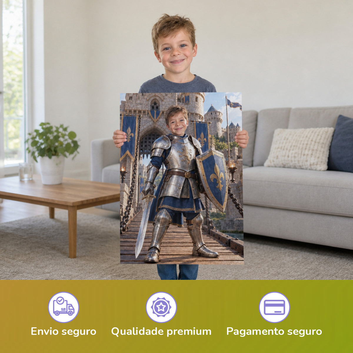 Der Ritter auf der Burg – Junge hält das gedruckte Poster