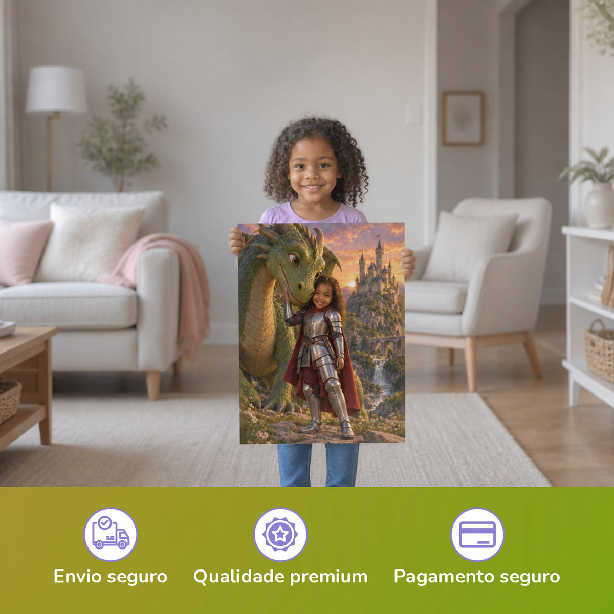 Die Ritterin und der Drache – Mädchen hält das gedruckte Poster