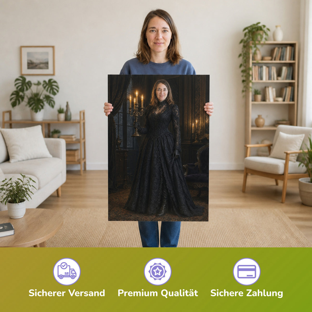 – Frau hält das gedruckte Poster
