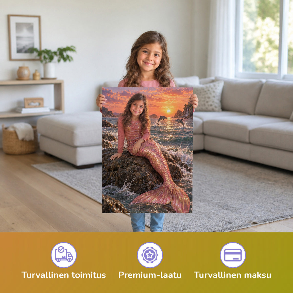 Meerjungfrau in der Abendsonne – Mädchen hält das gedruckte Poster