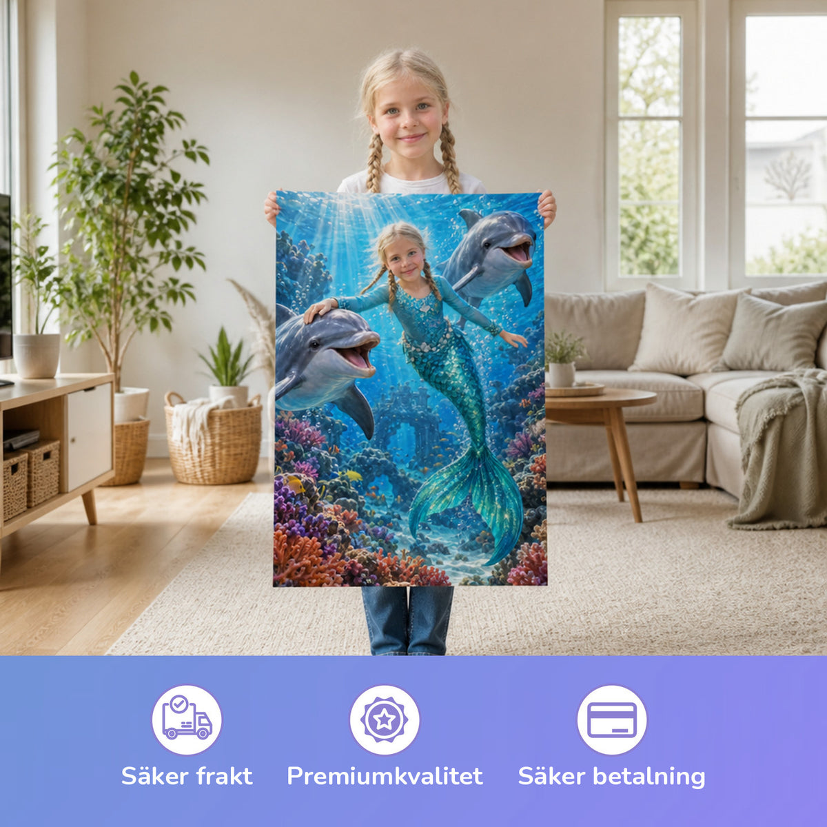 Meerjungfrau mit den Delfinen – Mädchen hält das gedruckte Poster