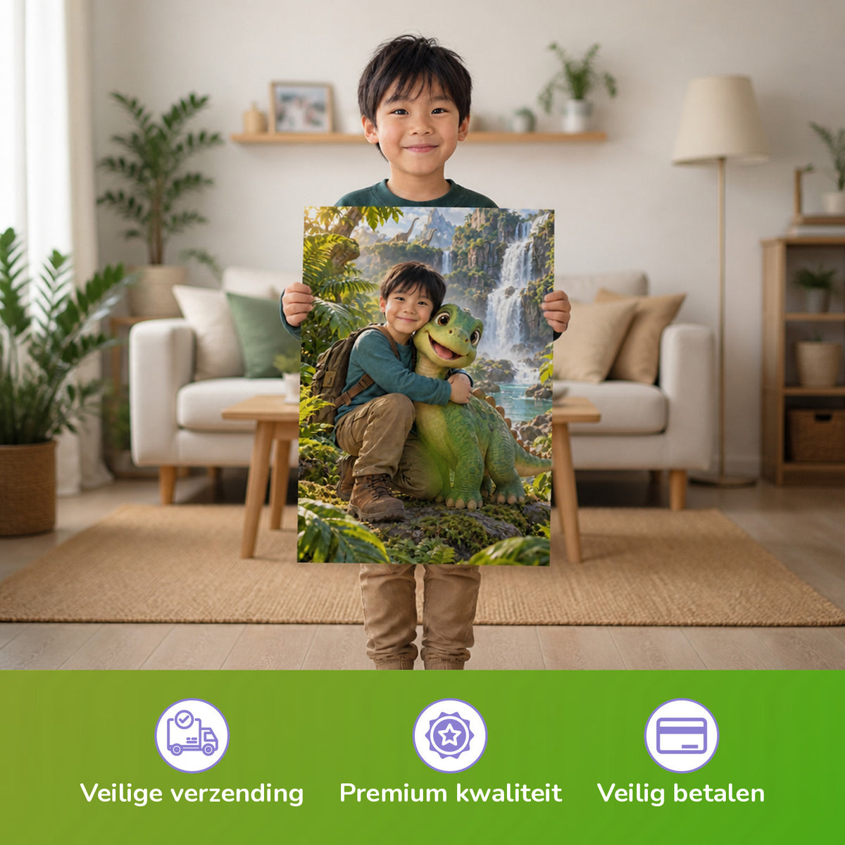 Mein Dino-Freund am Wasserfall – Junge hält das gedruckte Poster