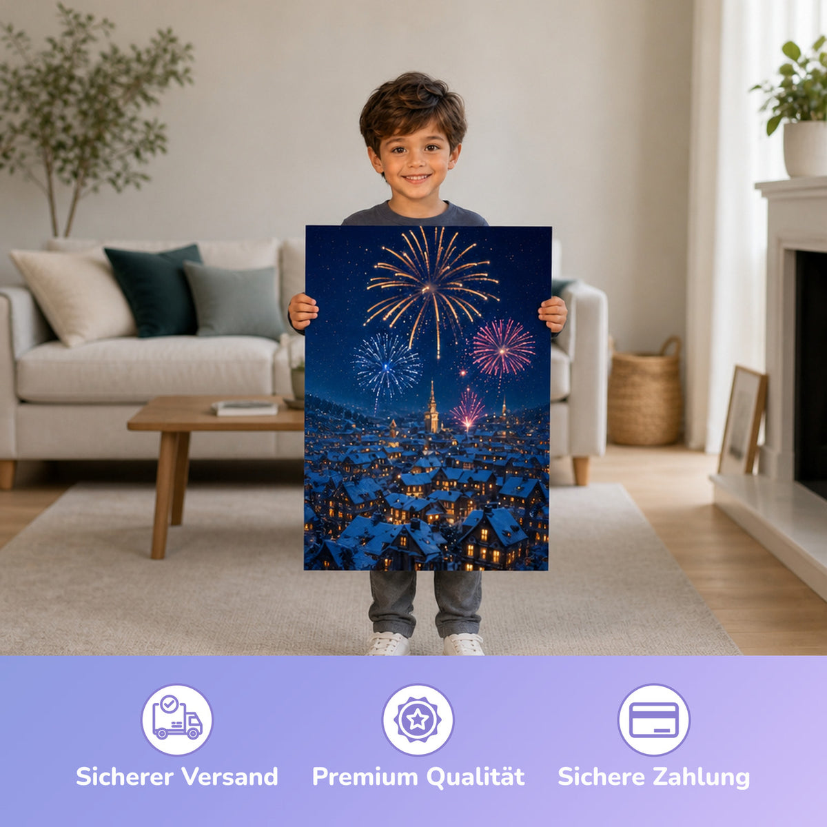 Silvester mit Wunderkerze – Junge hält das gedruckte Poster
