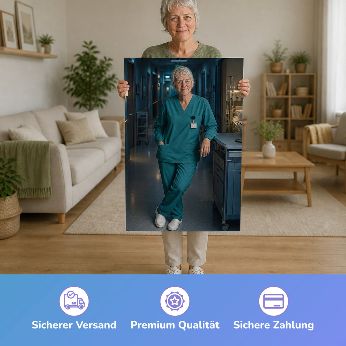 – Frau hält das gedruckte Poster