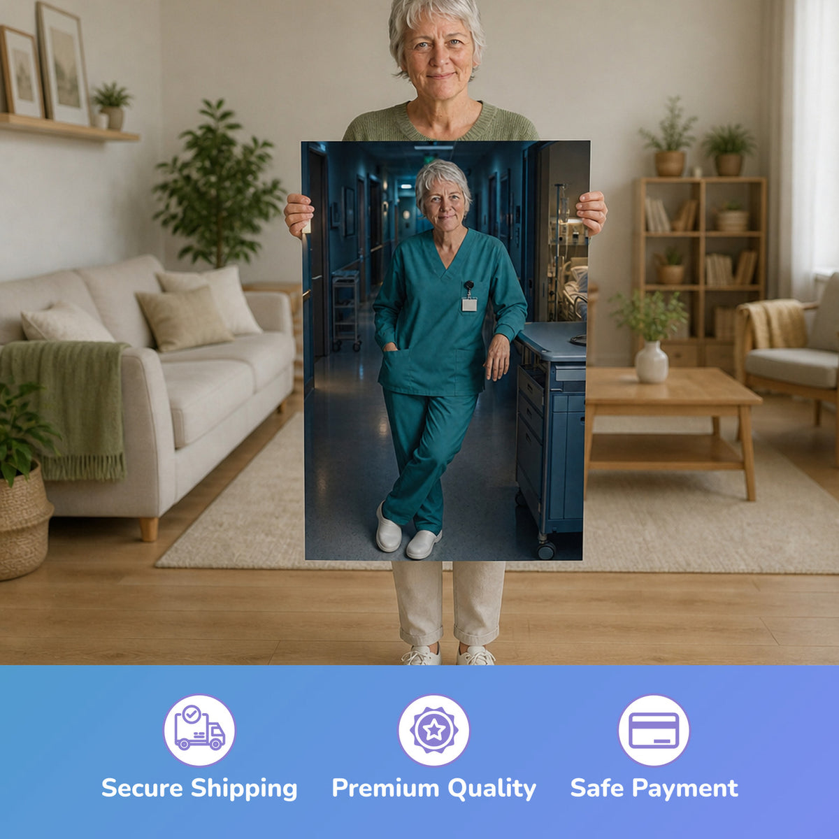 – Frau hält das gedruckte Poster