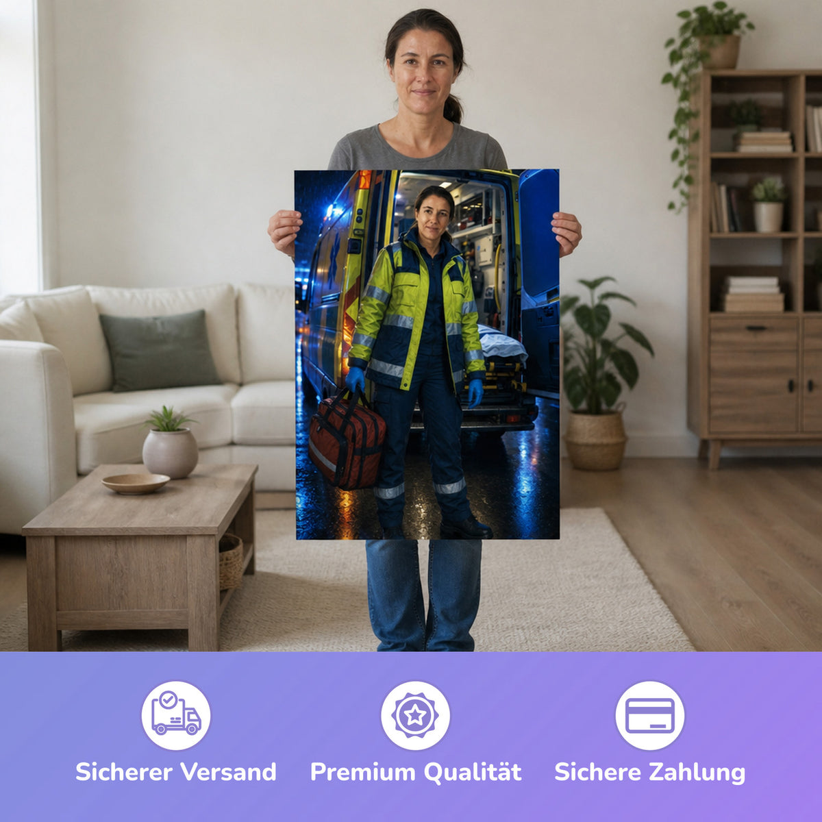 – Frau hält das gedruckte Poster