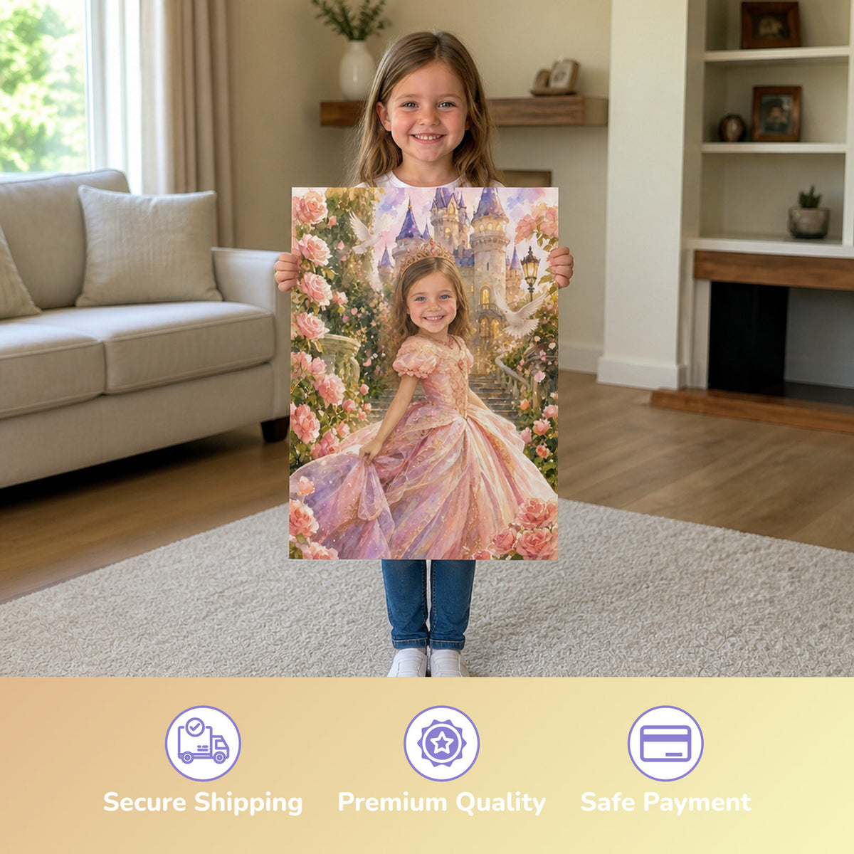 Prinzessin im Märchengarten | Special-Edition "Aquarell" – Mädchen hält das gedruckte Poster