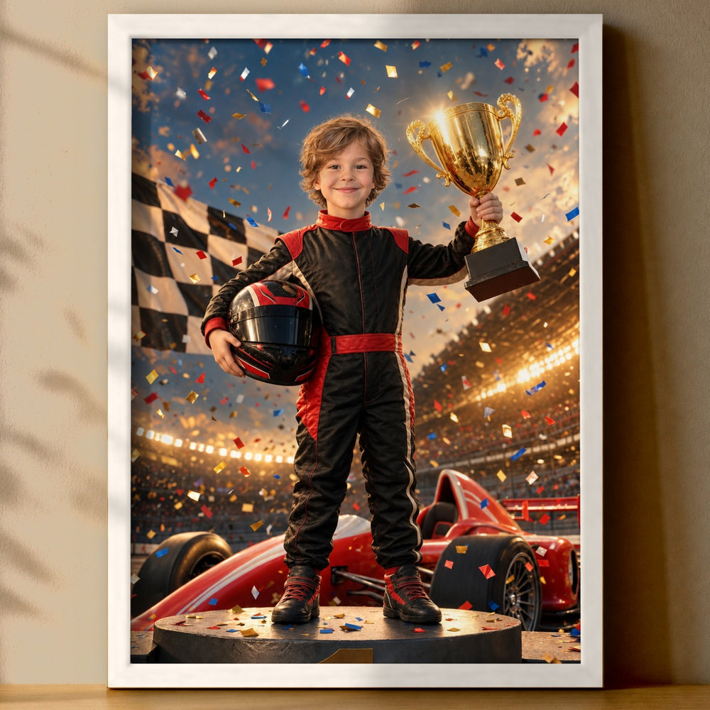 Rennfahrer auf dem Podium – Poster an der Wand