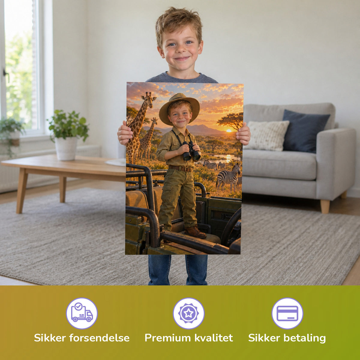 Safari im Jeep – Junge hält das gedruckte Poster
