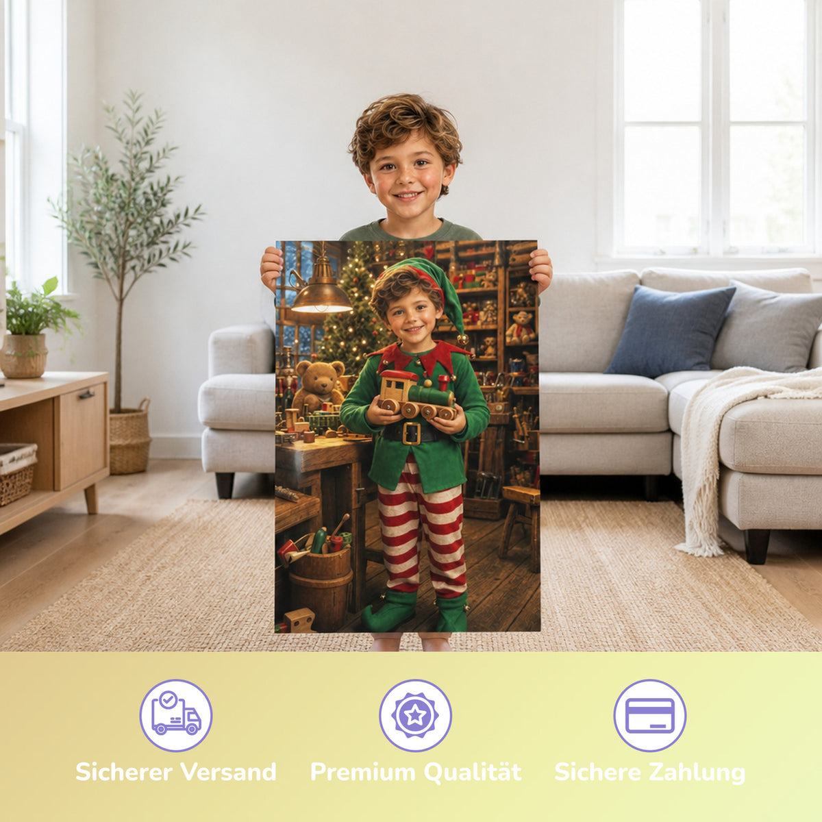 Der Weihnachtswichtel – Junge hält das gedruckte Poster