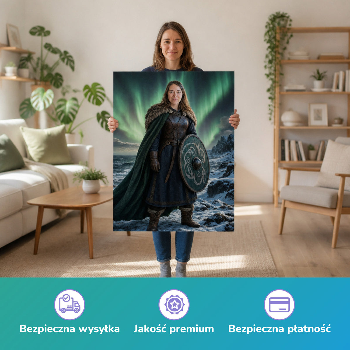 – Frau hält das gedruckte Poster