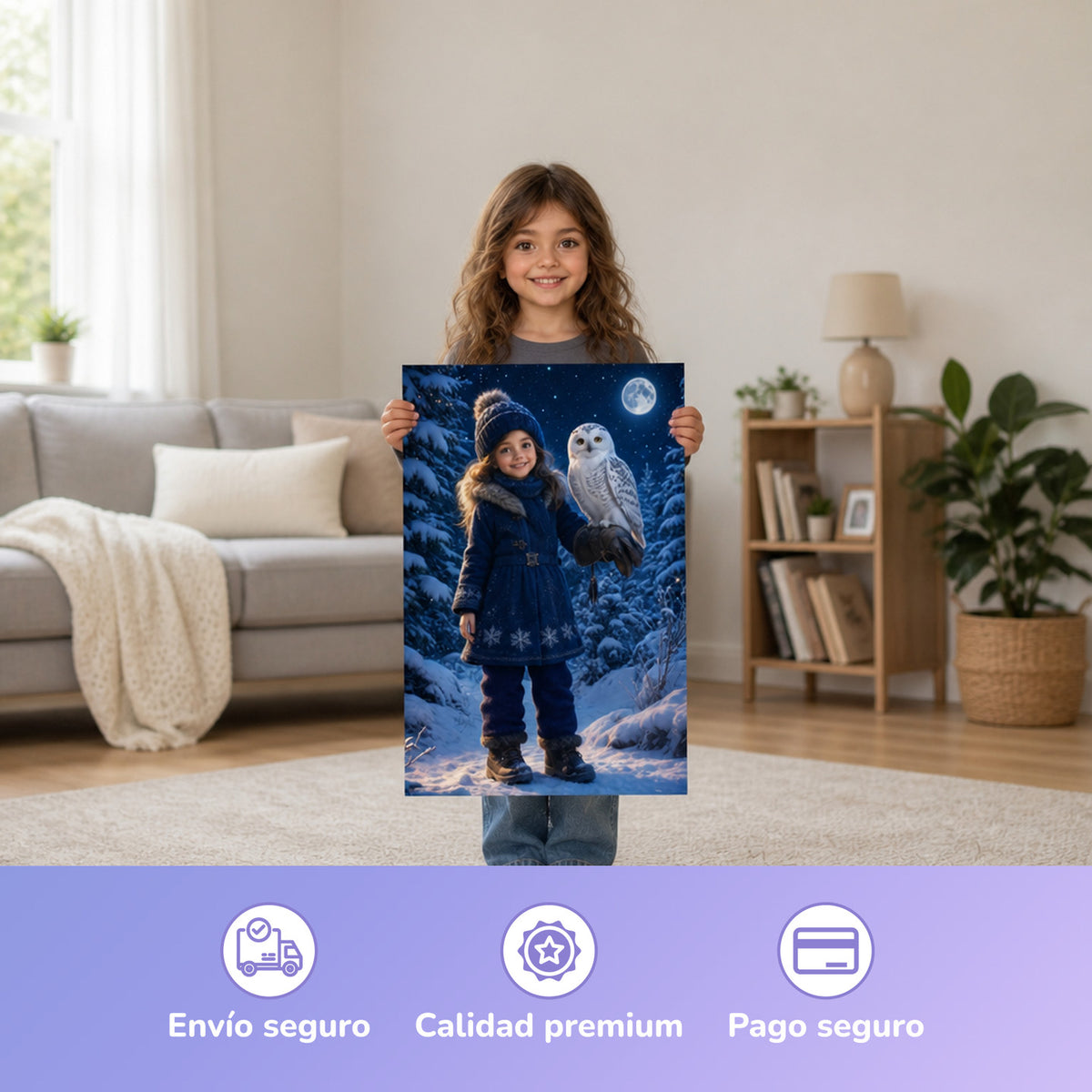 Die Schneeeule – Mädchen hält das gedruckte Poster