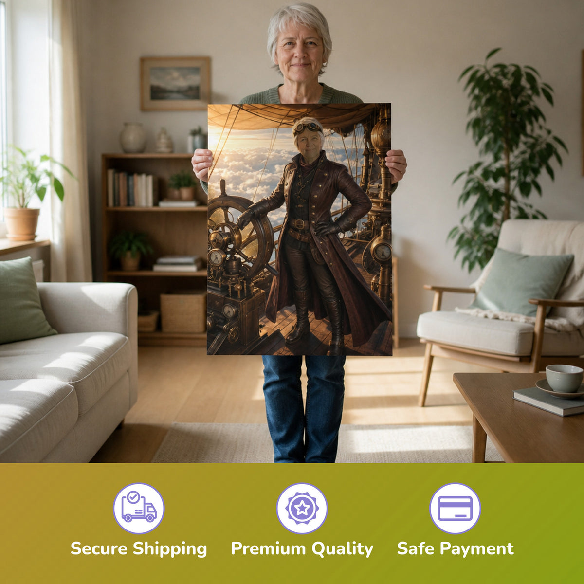 – Frau hält das gedruckte Poster
