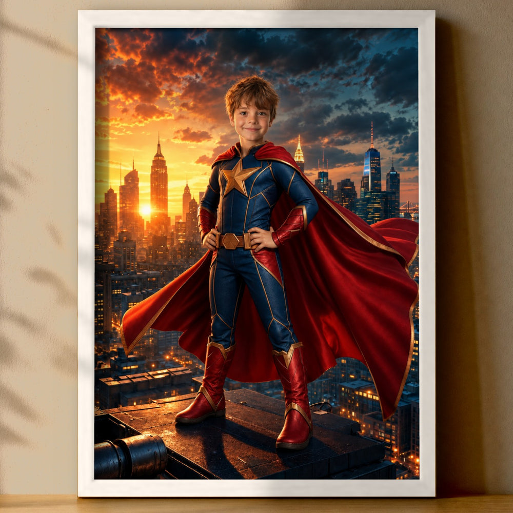 Superheld über der Stadt – Poster an der Wand