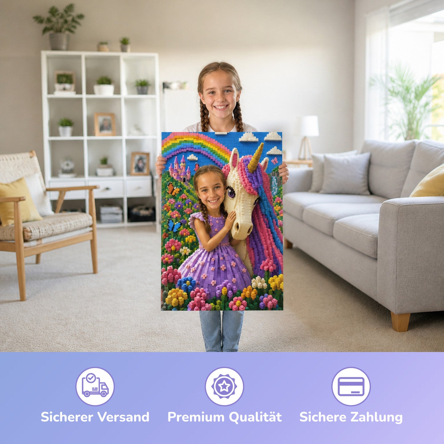 Einhorn am Regenbogen | Special-Edition "Baustein" – Mädchen hält das gedruckte Poster