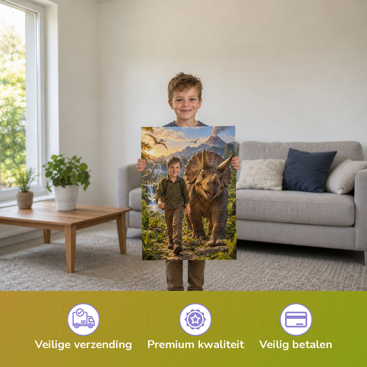 Unterwegs mit dem Triceratops – Junge hält das gedruckte Poster