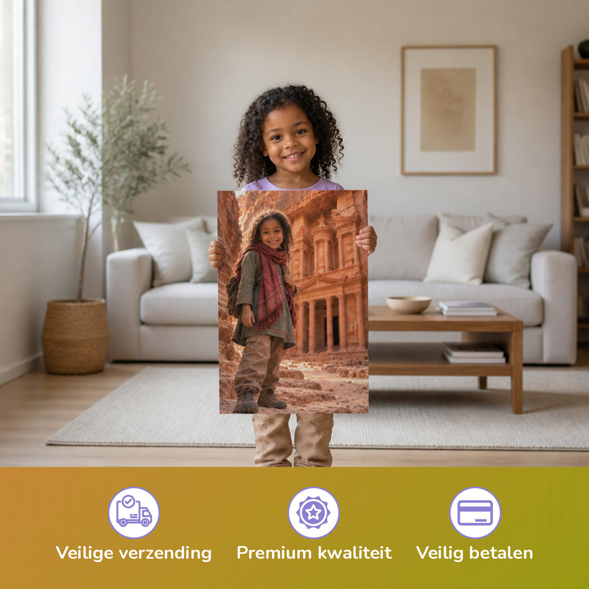 Vor dem Schatzhaus von Petra – Mädchen hält das gedruckte Poster