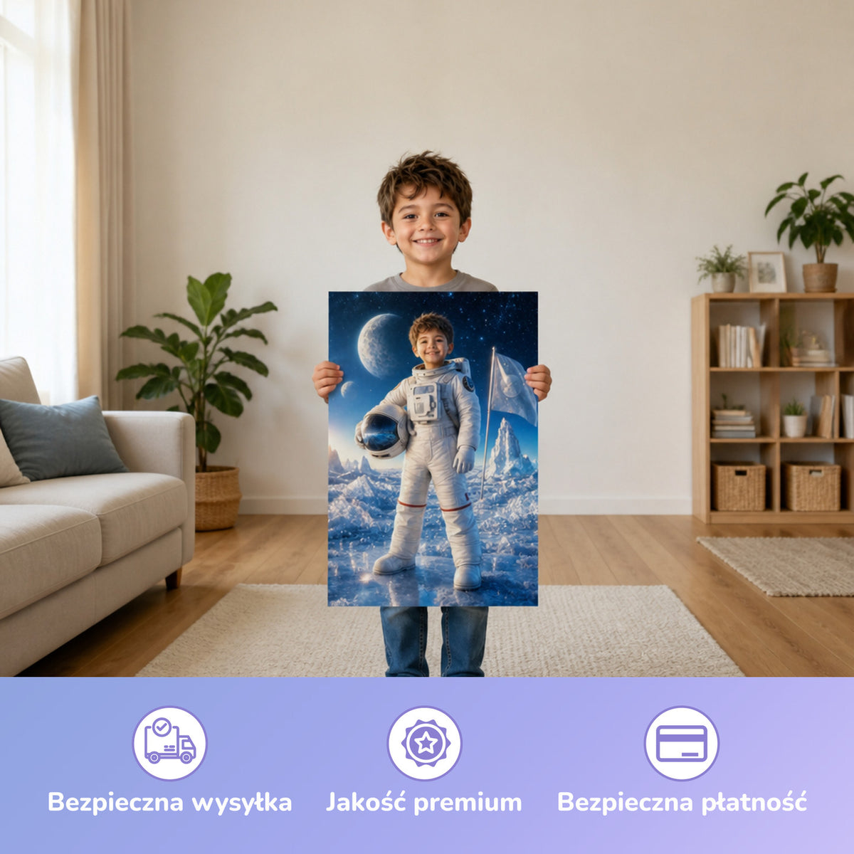 Astronaut auf dem Eisplaneten – Junge hält das gedruckte Poster