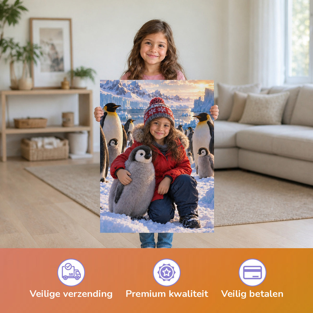 Zu Besuch bei den Pinguinen – Mädchen hält das gedruckte Poster