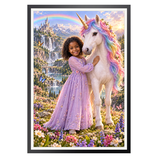 Regenbogen-Einhorn auf der Blumenwiese – Poster an der Wand
