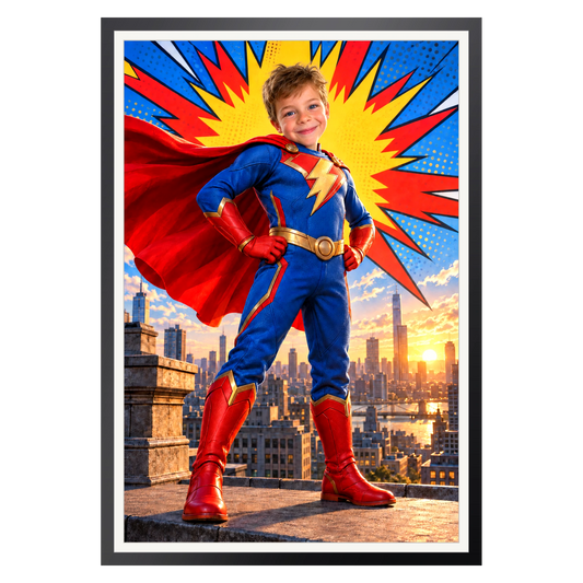 Comic-Superheld über den Dächern – Poster an der Wand