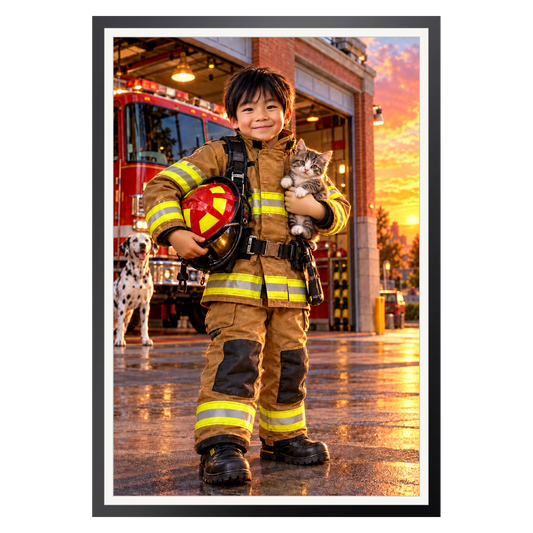 Feuerwehrmann mit dem geretteten Kätzchen – Poster an der Wand