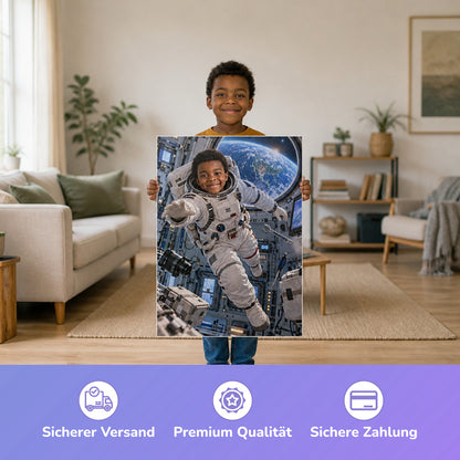 Astronaut in der Raumstation – Junge hält das gedruckte Poster