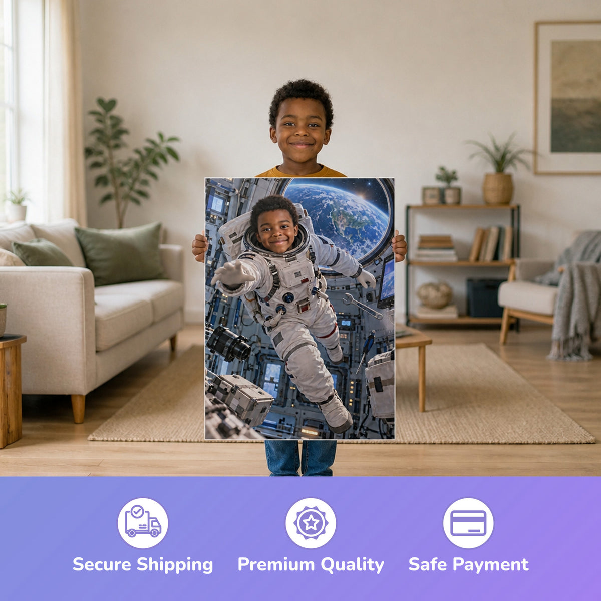 Astronaut on the Space Station – boy holding the printed poster