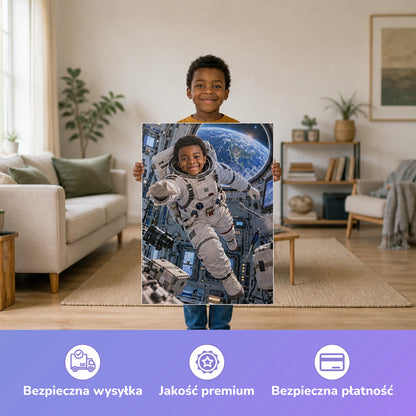 Astronaut in der Raumstation – Junge hält das gedruckte Poster