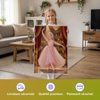 Ballerina auf der großen Bühne – Mädchen hält das gedruckte Poster