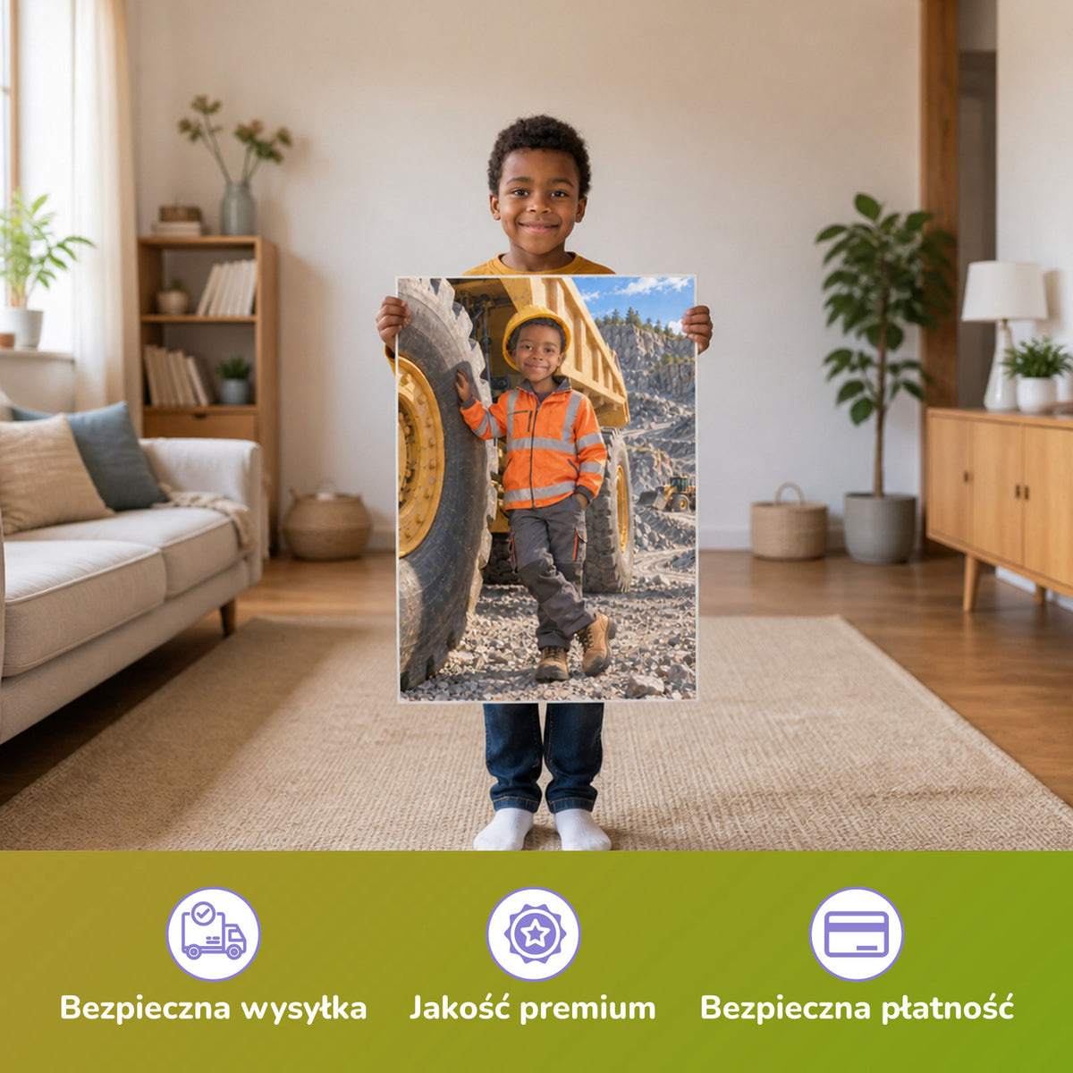 Der Kipplaster – Junge hält das gedruckte Poster