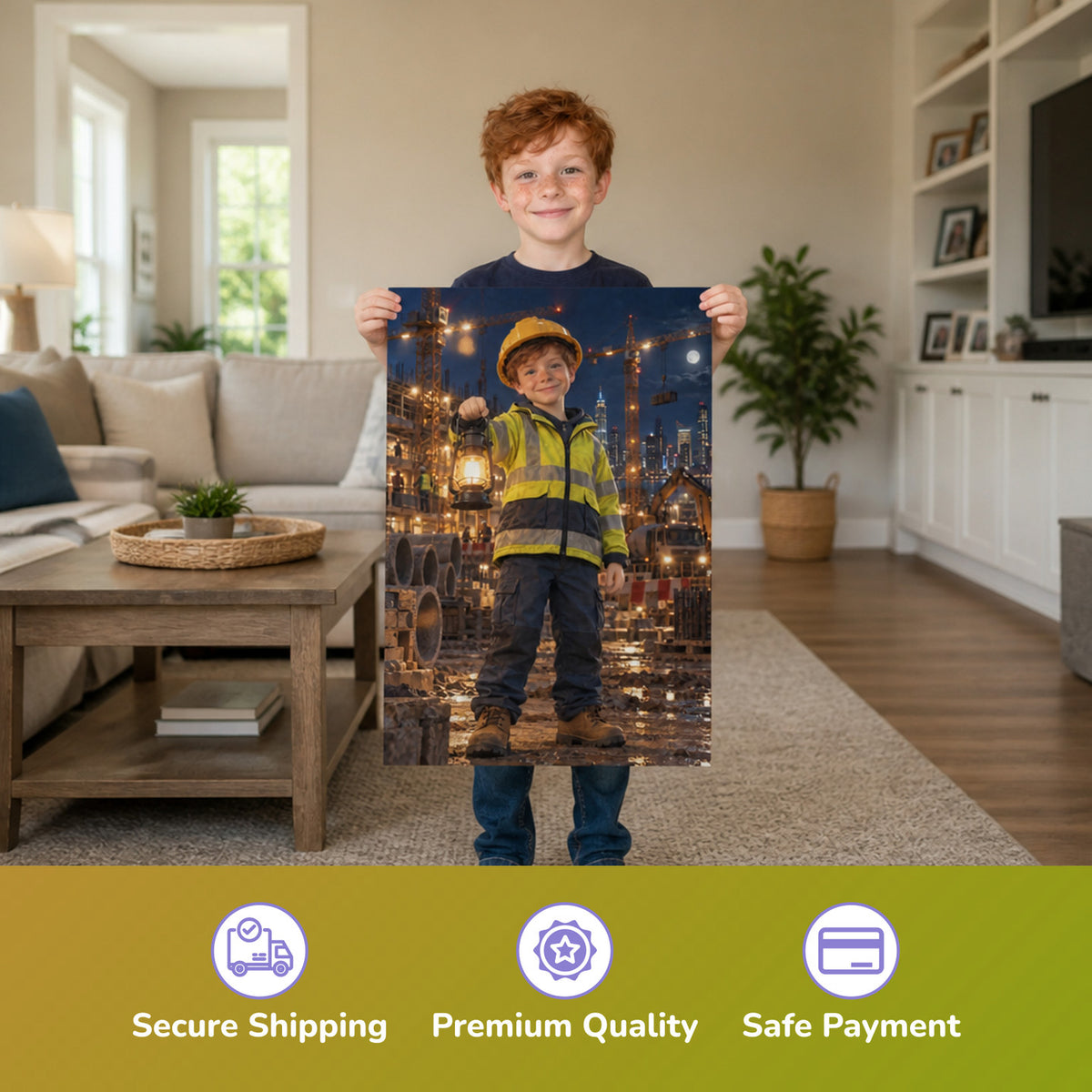 Construction Site at Night – boy holding the printed poster
