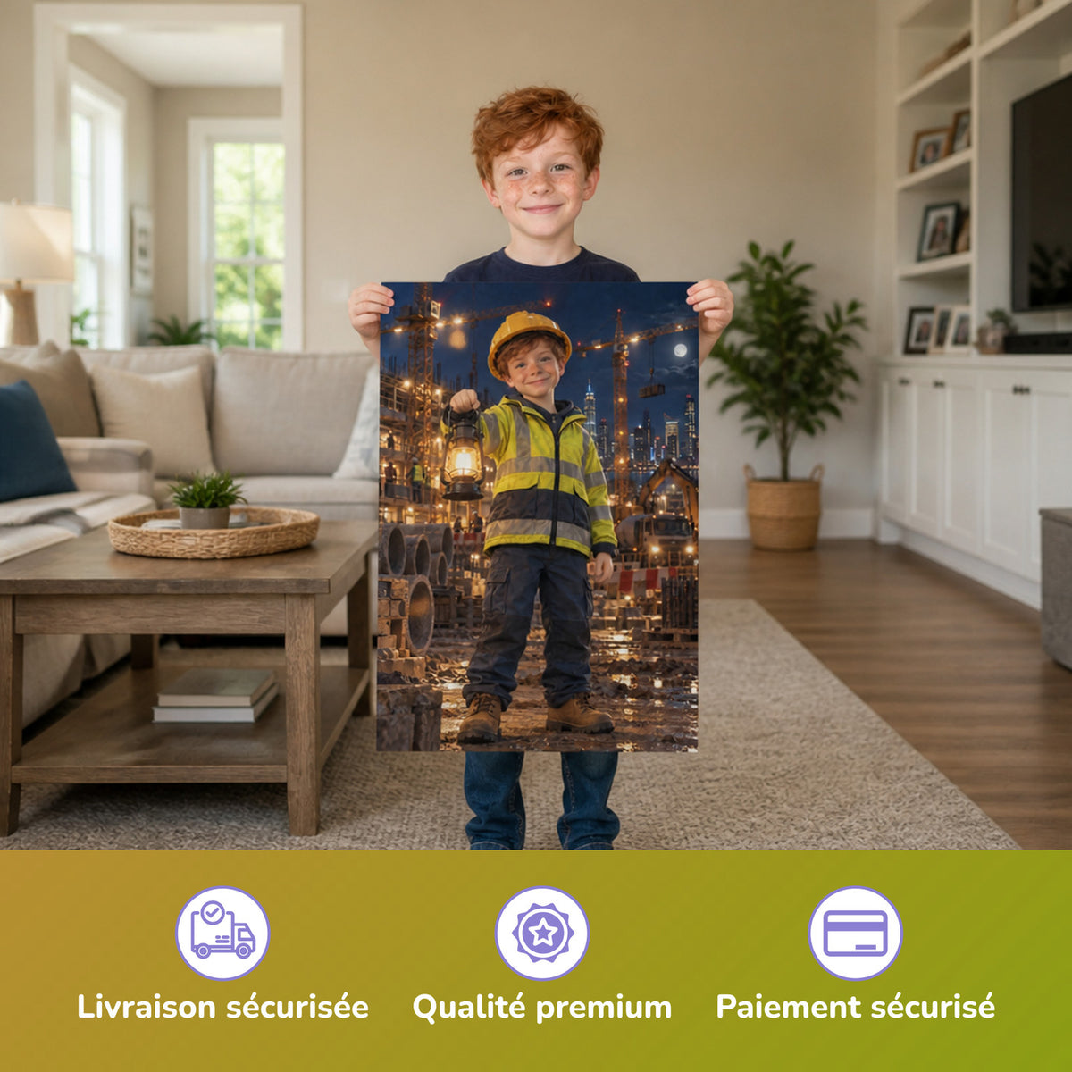 Chantier de nuit – garçon tenant l'affiche imprimée