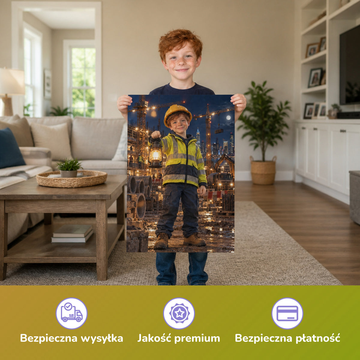 Baustelle bei Nacht – Junge hält das gedruckte Poster