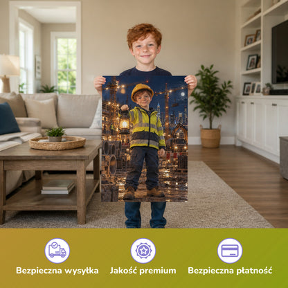 Baustelle bei Nacht – Junge hält das gedruckte Poster