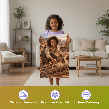 Die Dino-Ausgrabung – Mädchen hält das gedruckte Poster