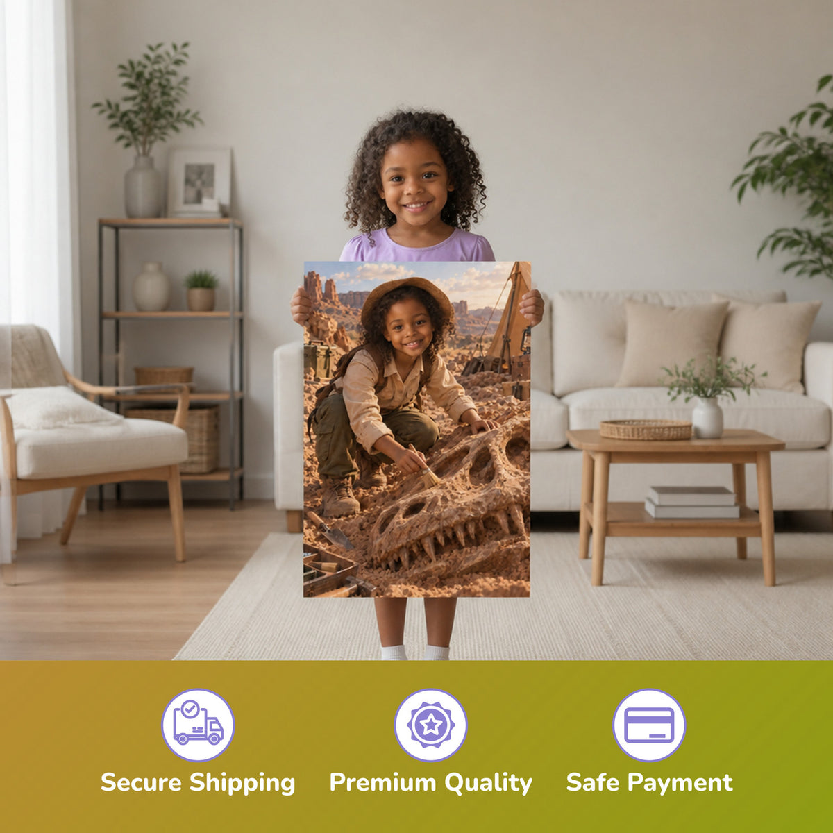 The Dino Excavation – girl holding the printed poster